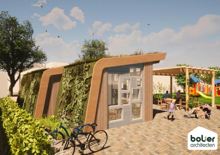 3D ontwerp van het nieuwe beheerdershuisje van de pluktuin