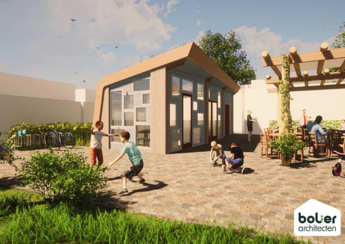 3D ontwerp van het nieuwe beheerdershuisje van de pluktuin