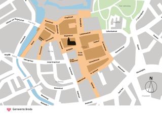 Kaart van de binnenstad van Breda. In het oranje gekleurde gebied geldt het glas-en blikverbod.