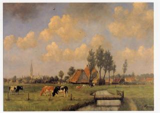 Grazende koeien met op achtergrond de toren van de St. Martinuskerk van Princenhage, Jan Theunis (Prinsenhage)